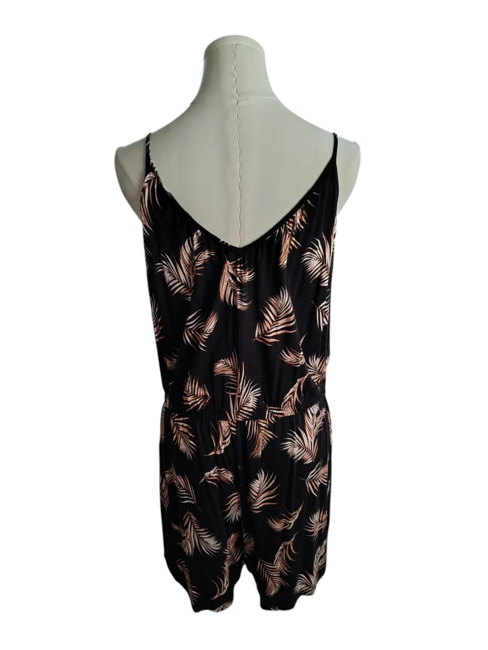 Vintage H&M Black Tan Feather Palm Patterned Romper With Tassle Size Medium